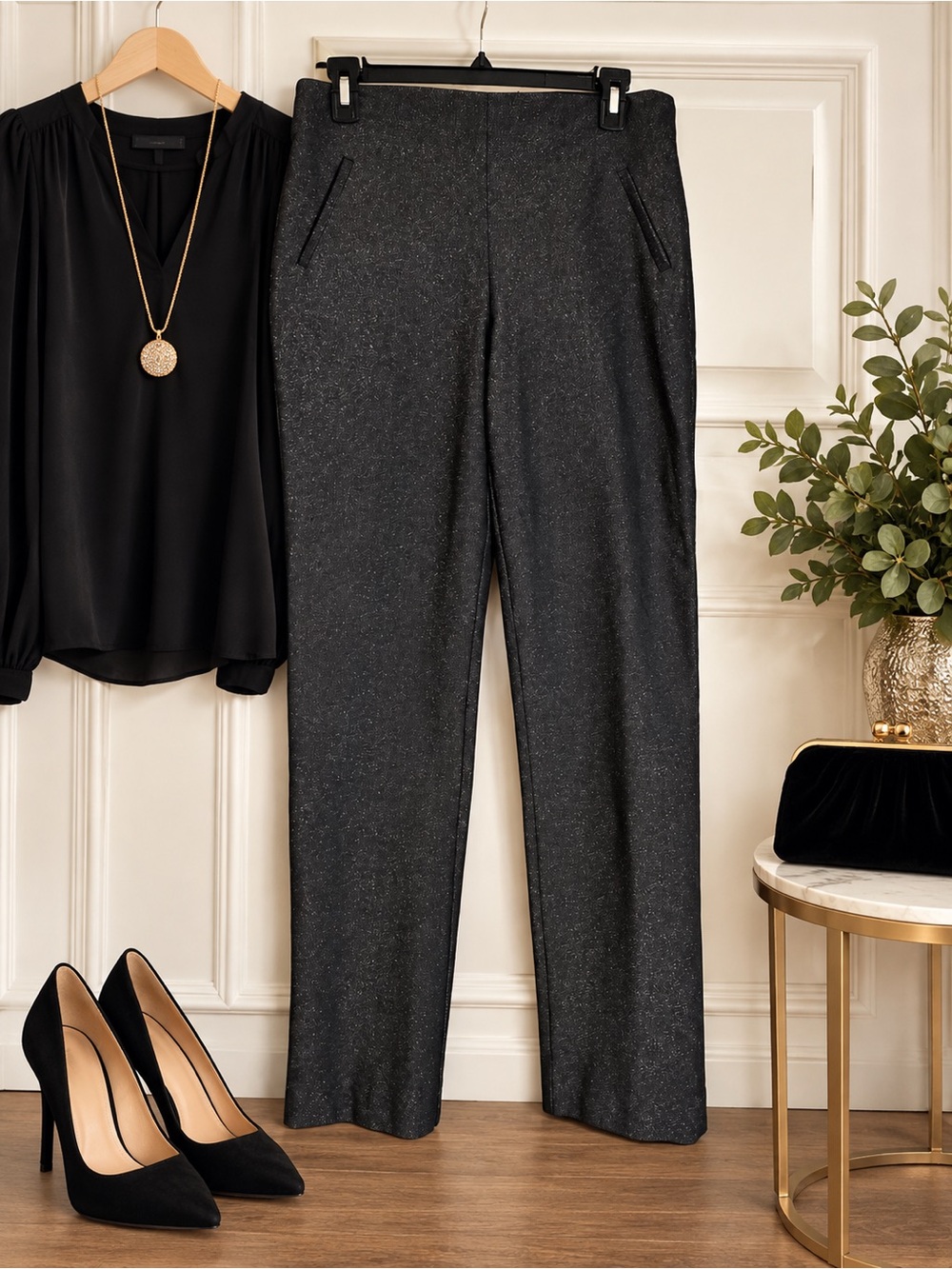 Chico's Black Sparkle Straight-Leg Trousers